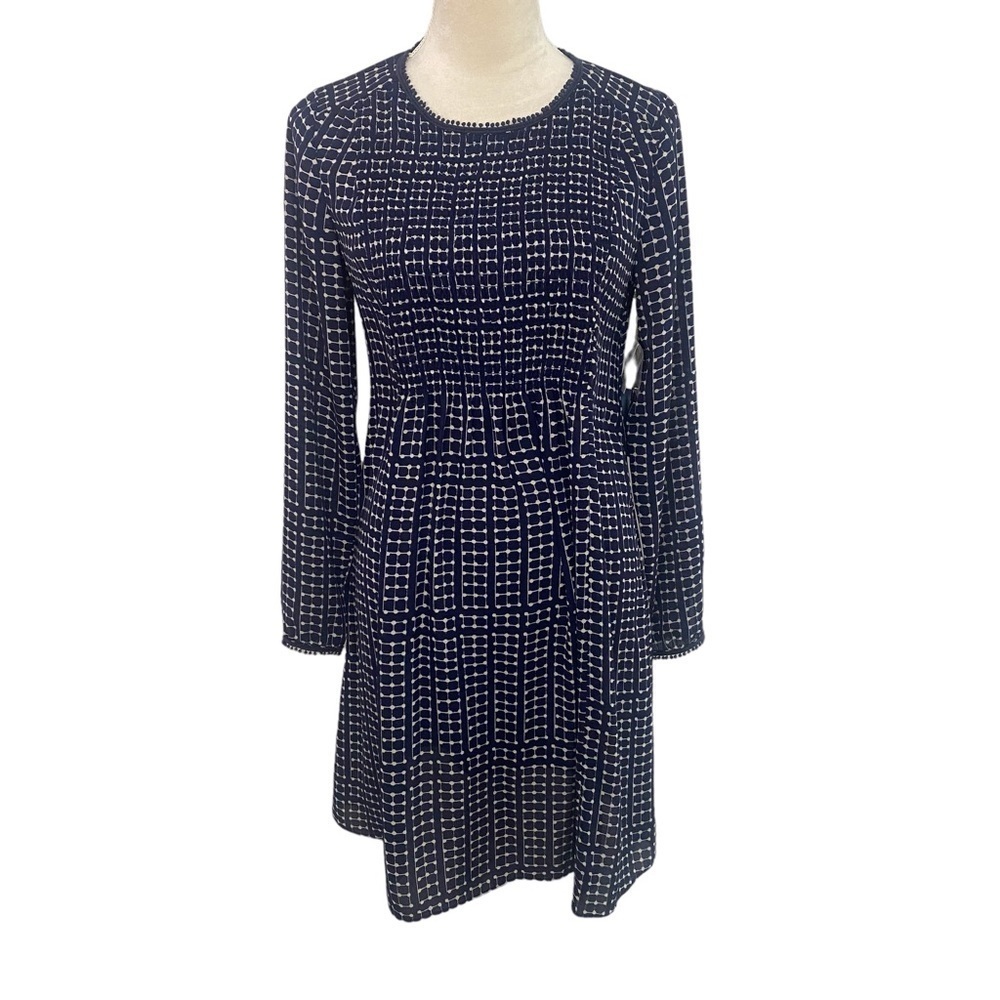 CeCe by Cynthia Steffe True Navy Gray Dot Print Smocked Long Sleeve Dress Size 2